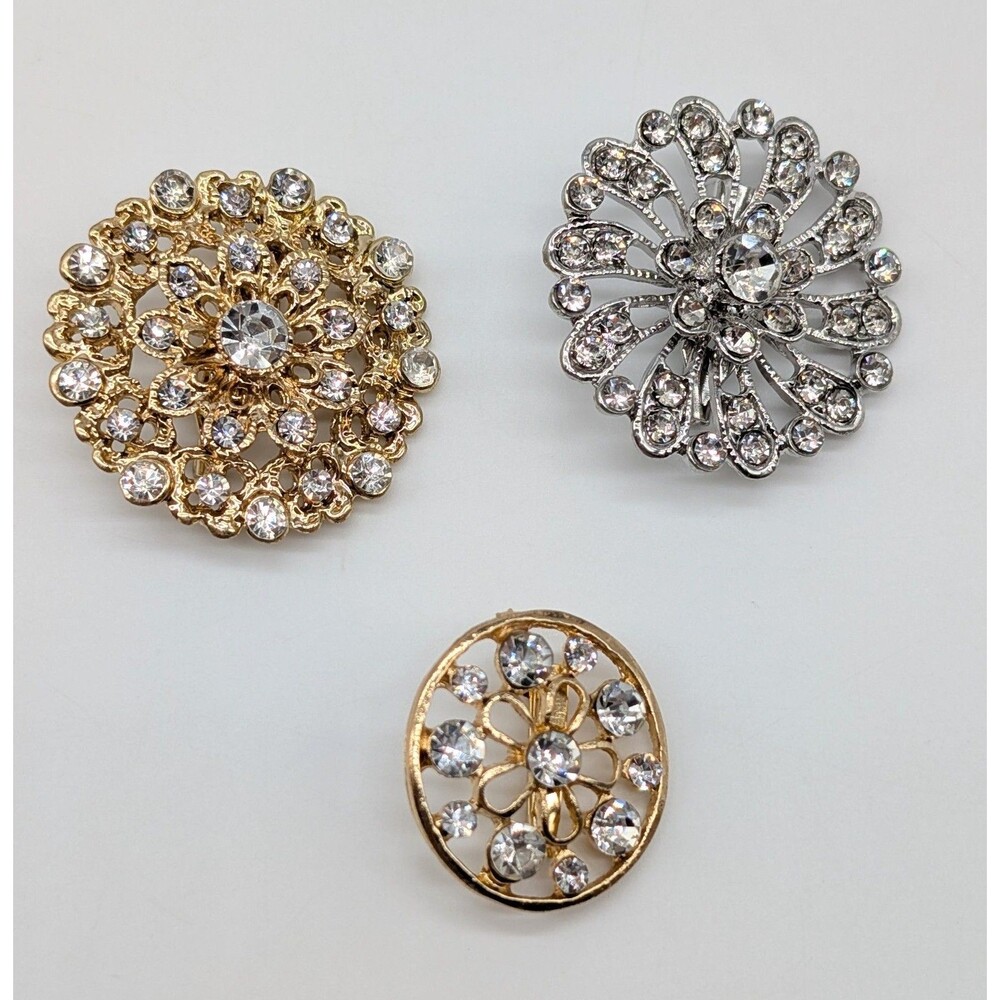 Set Of 3 Round Pinwheel Starburst Flower Rhinestone Brooches Gold Silver Tone